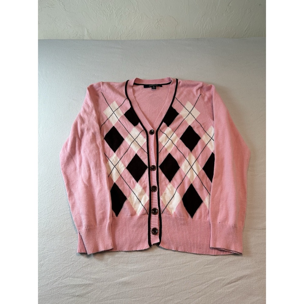 CHADWICK'S Pink and Brown argyle diamond v-neck cardigan sweater 90s style M